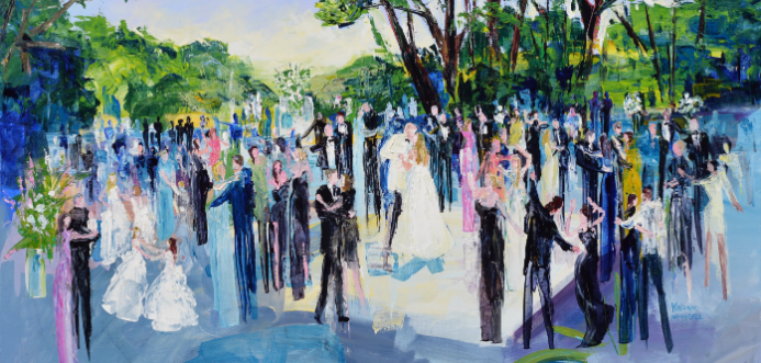 A painted depiction by an event artist shows a wedding scene with a bride and groom surrounded by guests in formal attire, set outdoors with trees and greenery in the background.