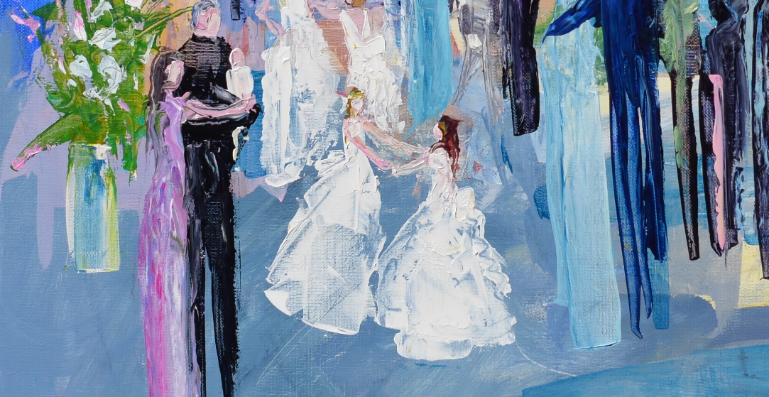 An impressionistic painting by a talented event artist captures a wedding scene, featuring brides in white dresses and guests dancing in soft, blended colors.