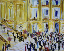 A painting of people walking down the steps