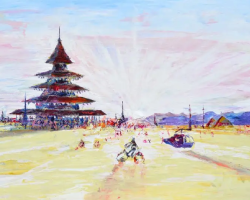 A painting of people on the beach and a pagoda